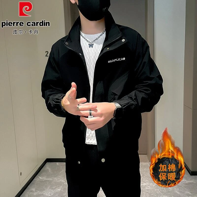 皮尔卡丹潮牌夹克衫加棉休闲百搭工装外套男秋冬季痞帅高级感短款