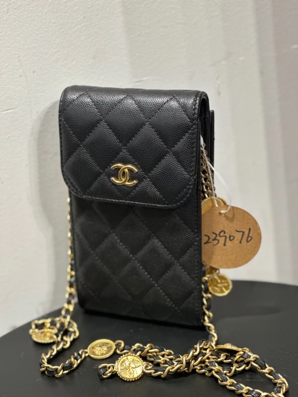 95新 Chanel/香奈儿 夏七中古/黑金金币手机包/单肩包1239076