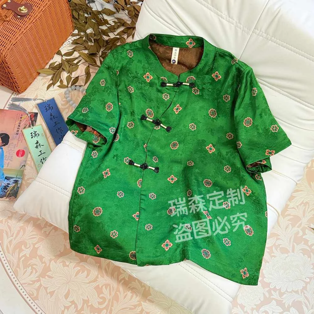 976 绿色宝相花改良旗袍短袖上衣T恤-胸围98-衣长59