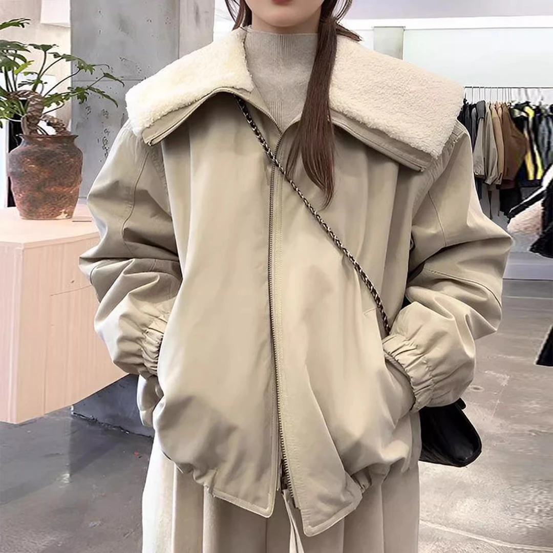 韩系慵懒风咖色毛毛一体大翻领棉服女宽松加棉加厚保暖短外套上衣