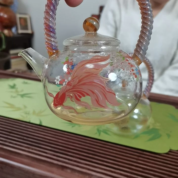 耐热玻璃盖子款金鱼熏银提梁壶