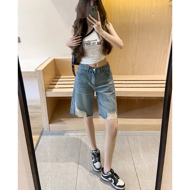 破洞毛边牛仔五分短裤女2025年夏季薄款高腰宽松显瘦a字直筒中裤
