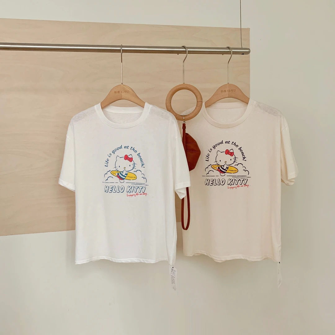 A东大门韩国原单韩系卡通kt印花百搭透气宽松简约雪花T恤3212