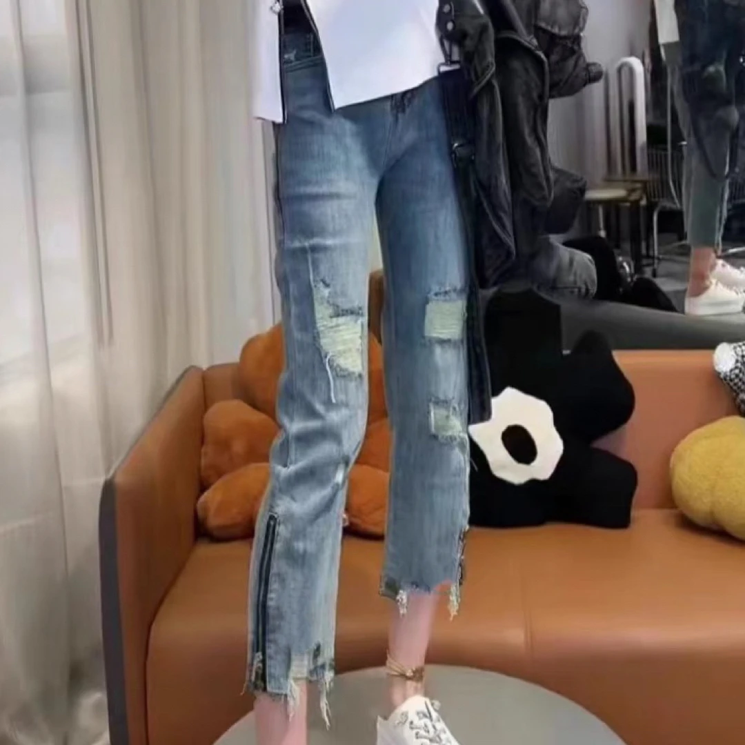 769新款大码女装秋季高腰弹力九分破洞牛仔裤女显瘦开叉烟管裤