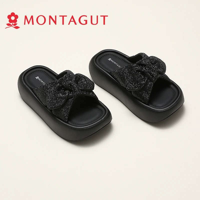 Montagut/梦特娇闪钻蝴蝶结软底凉拖增高厚底女夏外穿高级感拖鞋