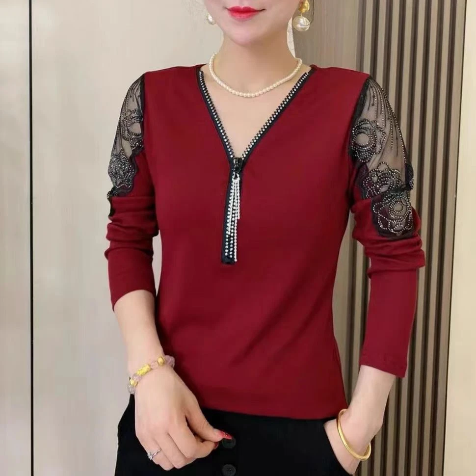 舒适拉链气质玫瑰性感镂空款爆款洋气时尚长袖打底衫女包邮有米