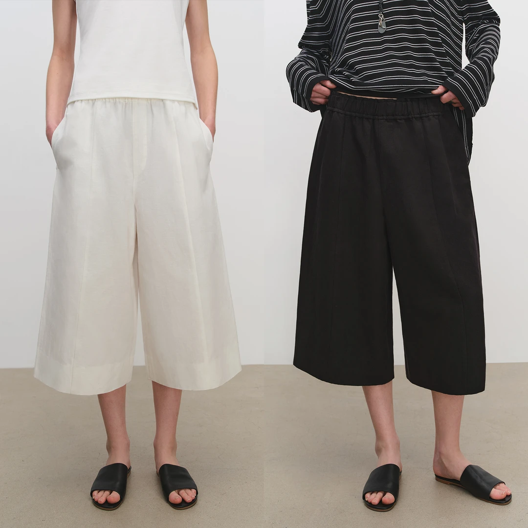 MSBEAST春夏天然棉麻_松紧腰立体破缝空气感廓形休闲中裤七分裤