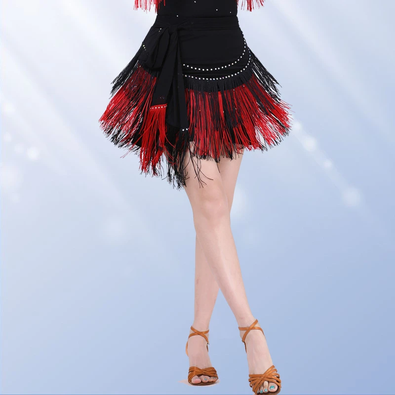 新款高端烫钻流苏裙子女拉丁广场吉特巴三步踩表演跳舞半身裙