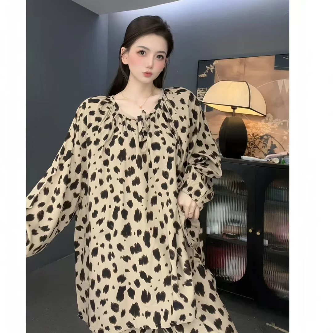 【豹纹】棉绸慵懒风睡衣女薄款人造棉套头宽松家居服