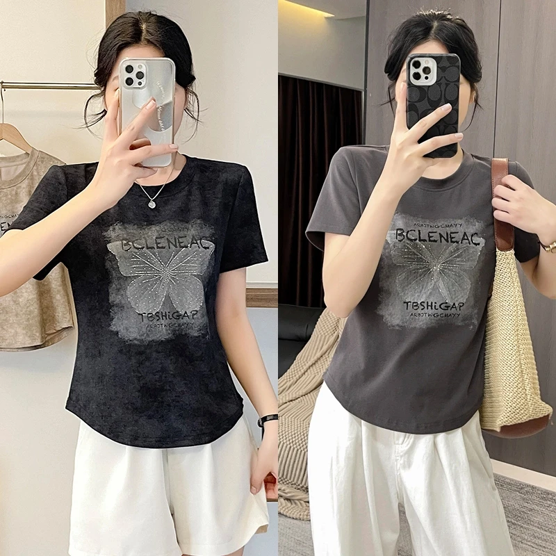 夏季新款扎染圆领t恤女蝴蝶印花小众设计短袖时尚百搭修身上衣潮
