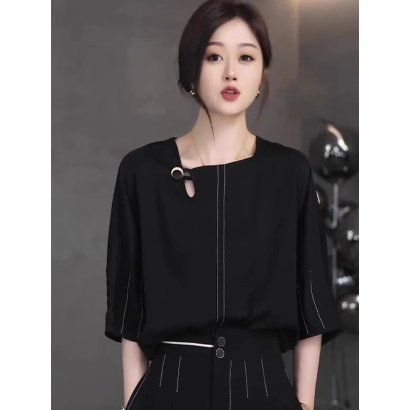 【两件套】韩版时尚不规则简约个性条纹套装女夏季慵懒风女装D1908