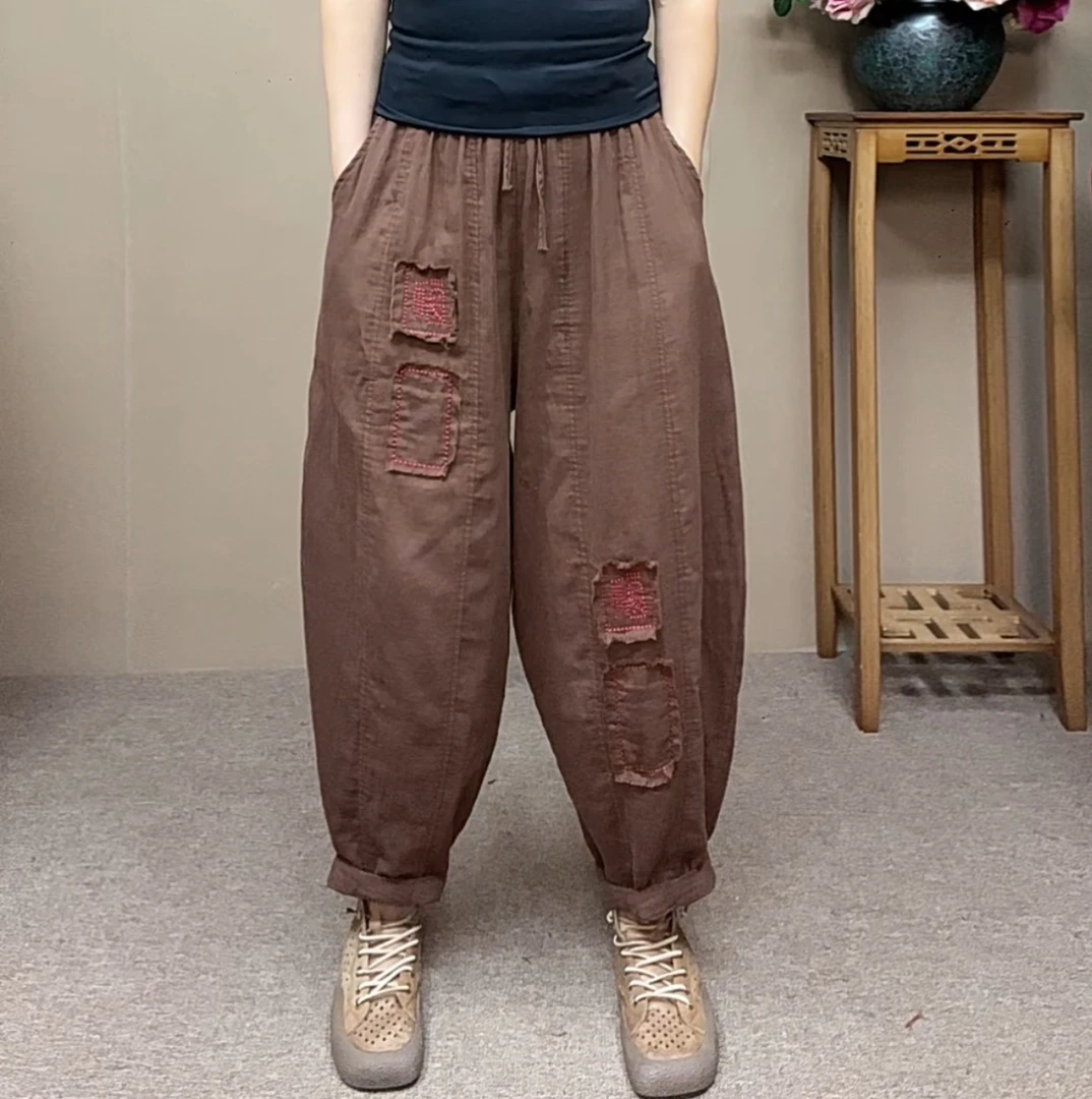 ZX新款棉纱宽松遮肉贴布刺绣哈伦裤休闲复古纯色松紧腰抽绳长裤