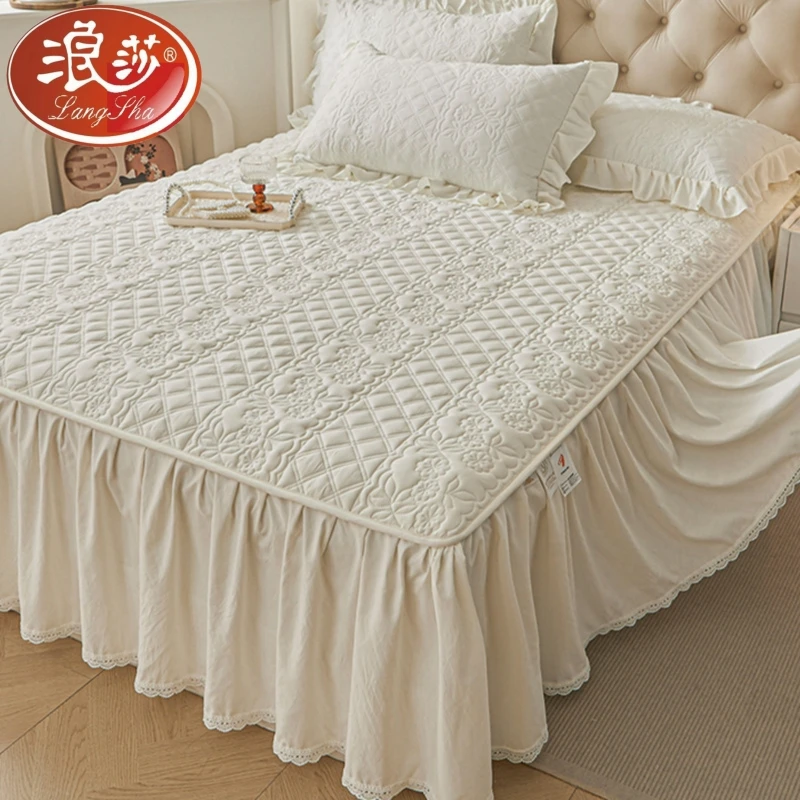 浪莎A类水洗棉床裙式花边床罩单件夹棉床单床垫保护套三四件套