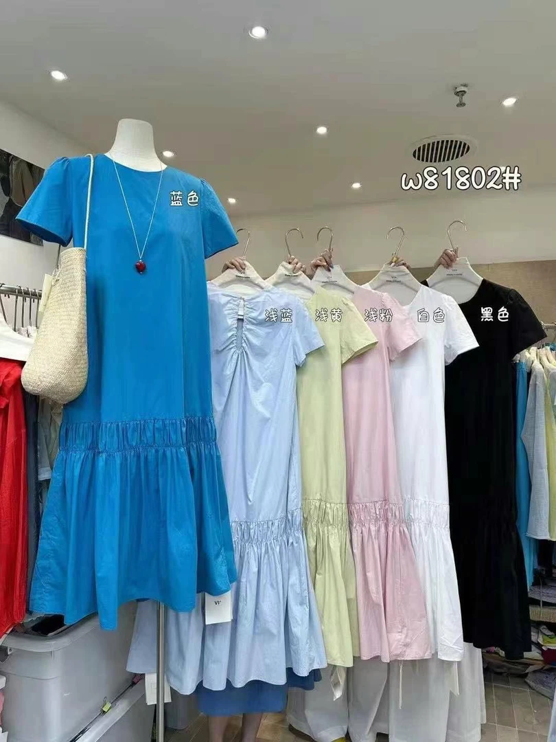 圆领夏季连衣裙蓝色短袖浅蓝裙子不褪色泡泡袖牛仔休闲常规
