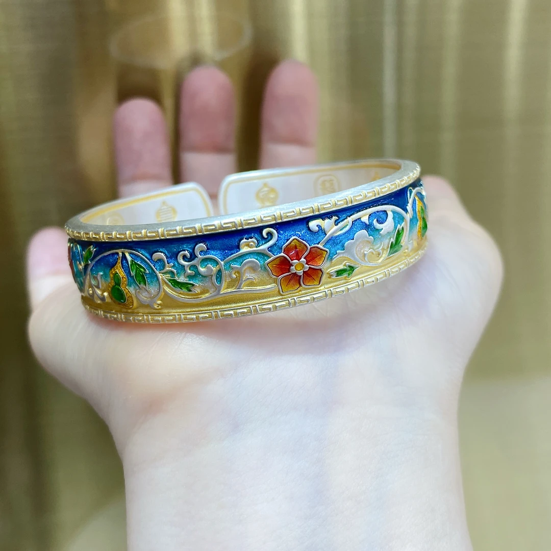 足银手镯 珐琅足银手镯足银999.9繁花福禄描金长春万代银镯子手工