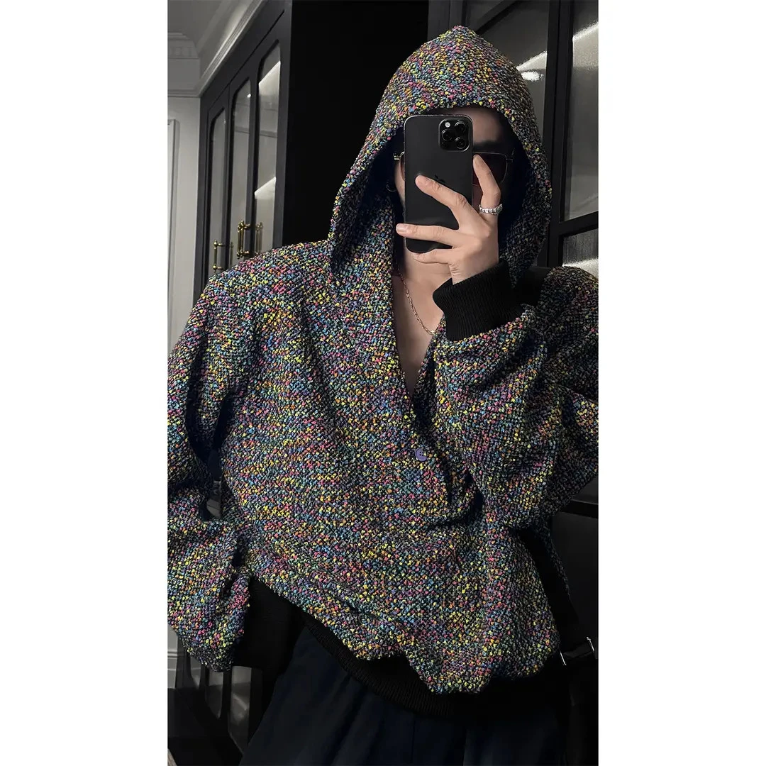 龙刀刀秋季新品美式设计感混色针织连帽卫衣男潮牌宽松休闲毛衣