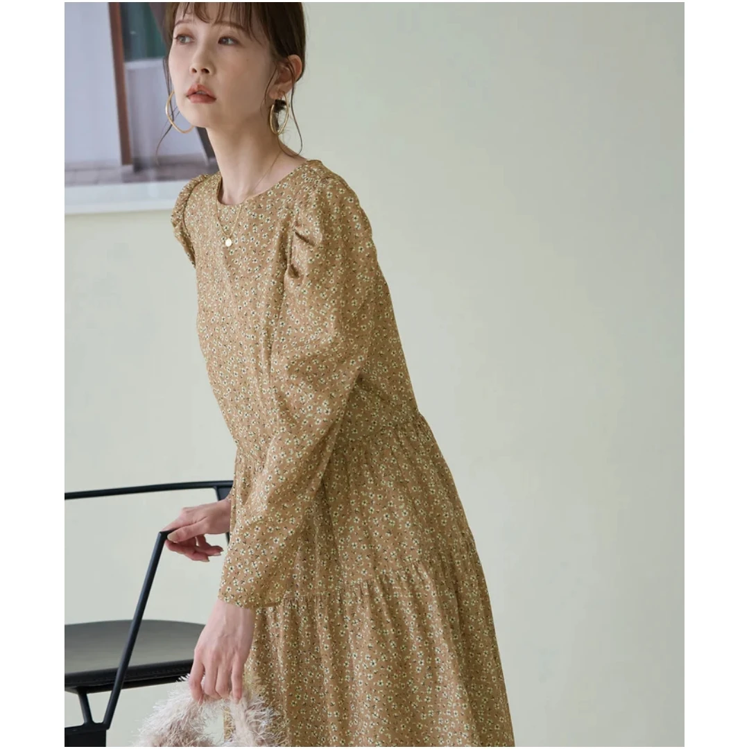 【六哥家】春季新款 R 泡泡袖碎花长裙甜美收腰印花优雅连衣裙显瘦