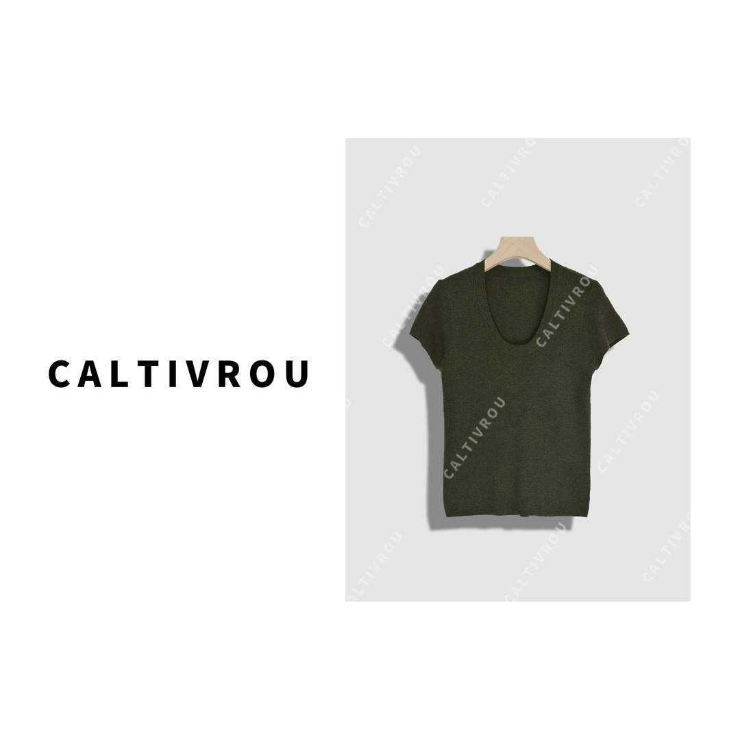Caltivrou时尚U型领小飞袖高级感修身针织衫-Y18571
