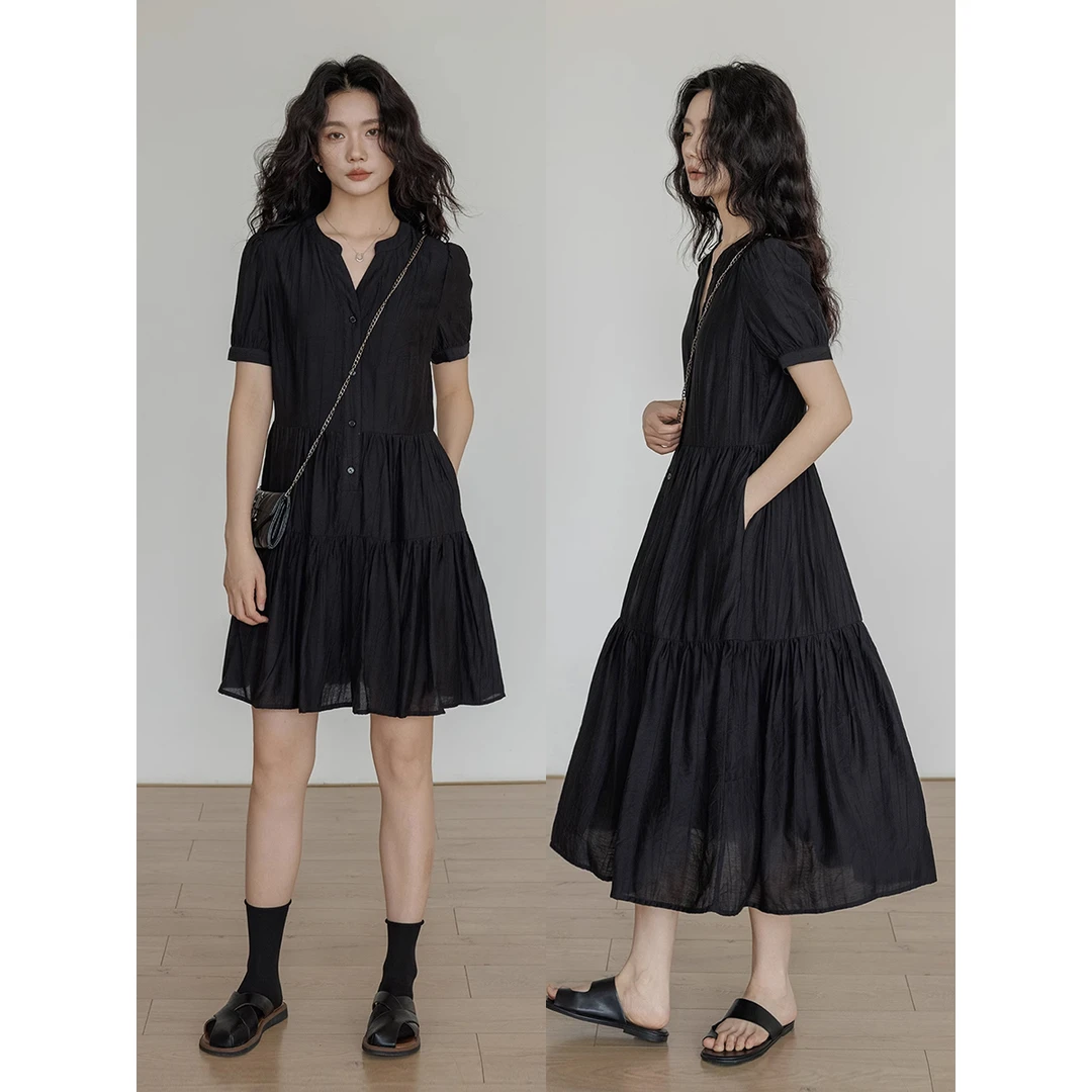 vastand维尚 V领黑色连衣裙显瘦气质夏天裙子小黑裙赫本风法式