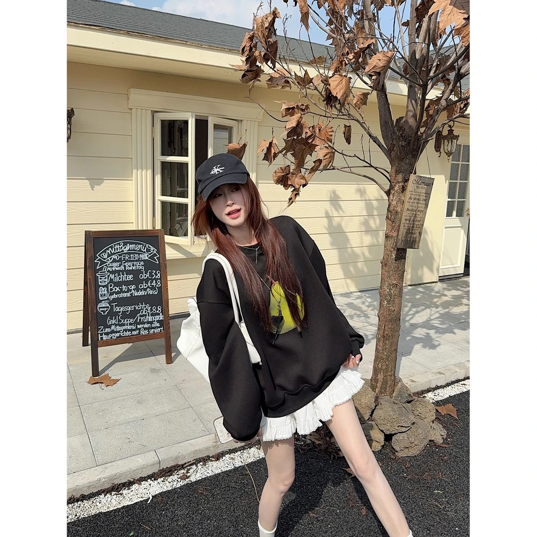 美式复古印花圆领慵懒风chic卫衣女秋冬季薄款宽松oversize上衣