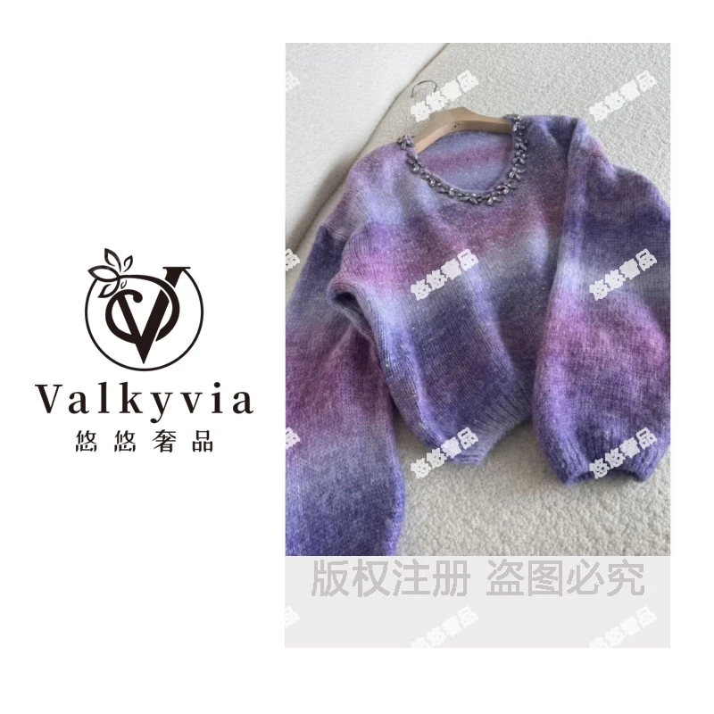 【Valkyvia/悠悠奢品】羊毛马海毛V领钉钻烫钻渐变针织毛衣msl878