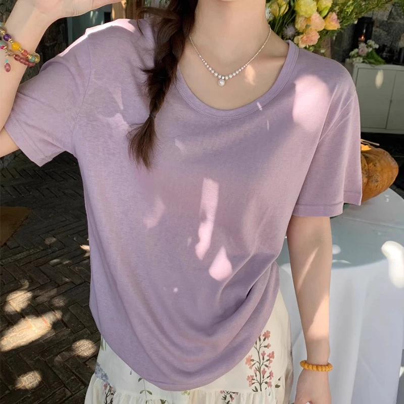 紫色V领竹节棉薄款短袖T恤女2025夏季新款冰丝宽松上衣