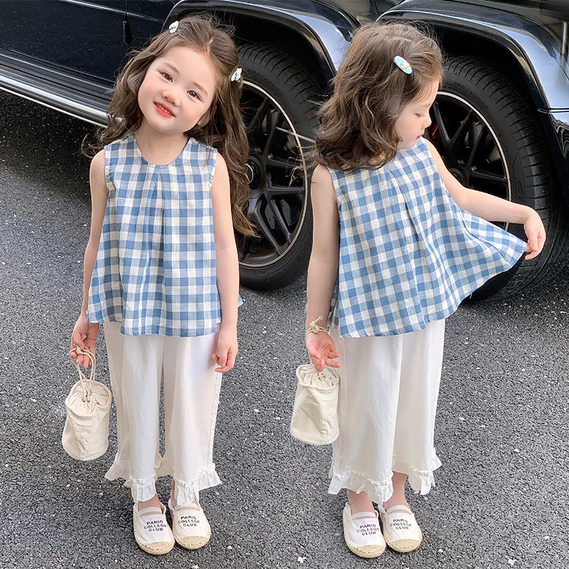 女童夏装无袖套装2025新款儿童装背心时髦两件套夏季格子衣服