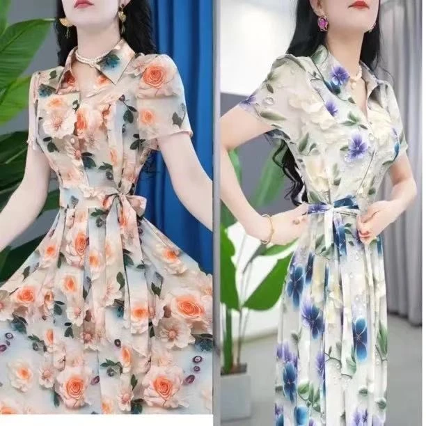 2025年夏季新款时尚短袖连衣裙气质收腰显瘦中长款印花减龄裙子