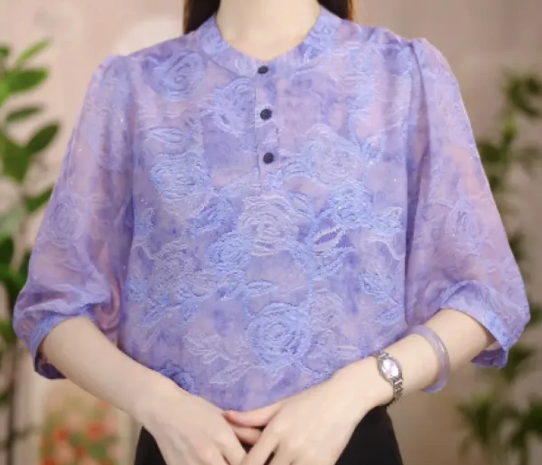 2025新款紫花优雅气质典雅衬衫春夏款2518