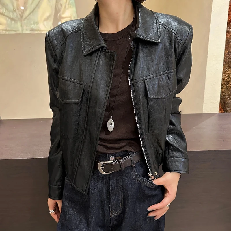 痞帅炸街风翻领短款皮衣外套女2025春秋新款宽松显瘦夹克开衫上衣