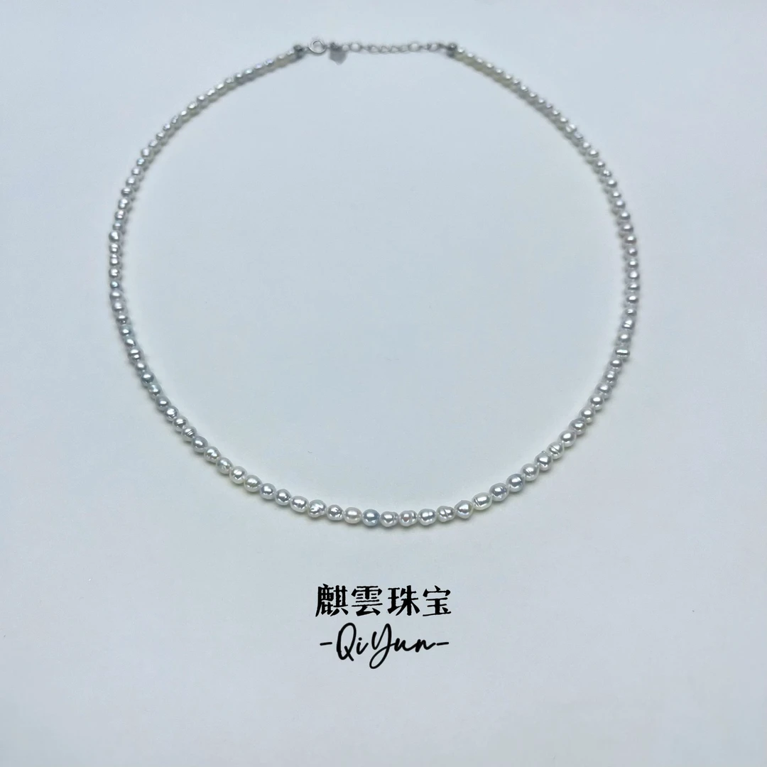 【麒雲】淡水珍珠 炫光小米珠Keshi满串项链/3-4MM/配件S925银