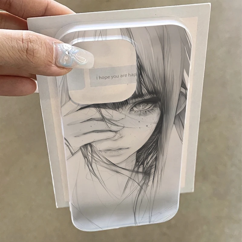奥菲顿素描齐刘海少女适用iPhone15/16p透白手机壳苹果13/12/11套
