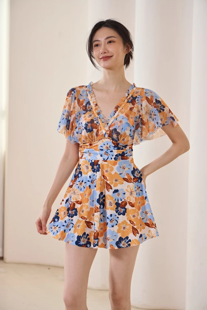 2件套 分体 黄色荷叶边微胖女孩遮肉泳衣