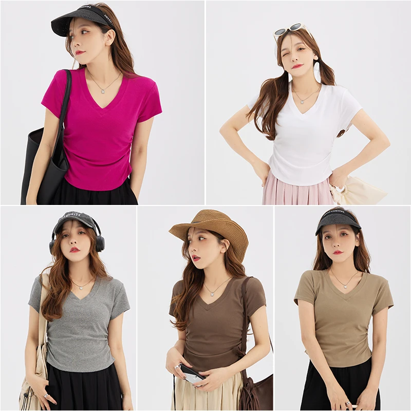 【涵胖胖】【青】微胖大码褶皱收腰V领短袖   1560