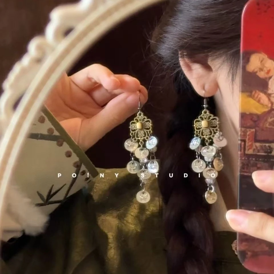 合金耳饰 新中式复古贝壳耳环长款流苏民族风轻奢气质感耳饰