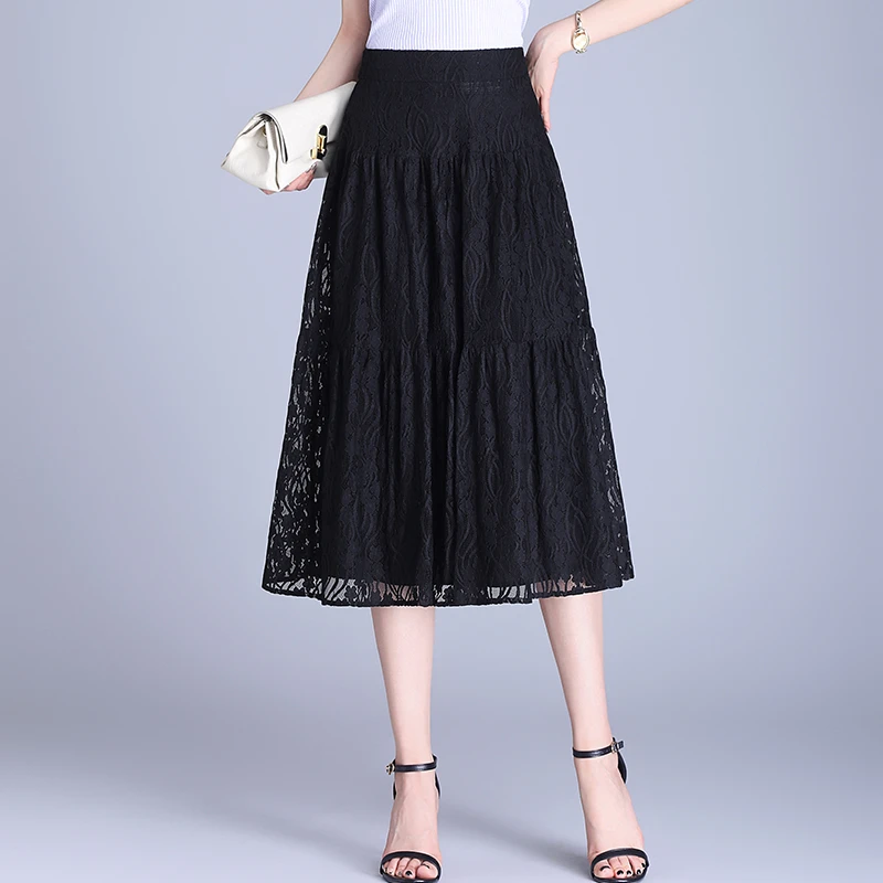 小个子蕾丝半身妈妈黑色a字女裙子中长款夏季新款纱裙蕾丝大摆裙