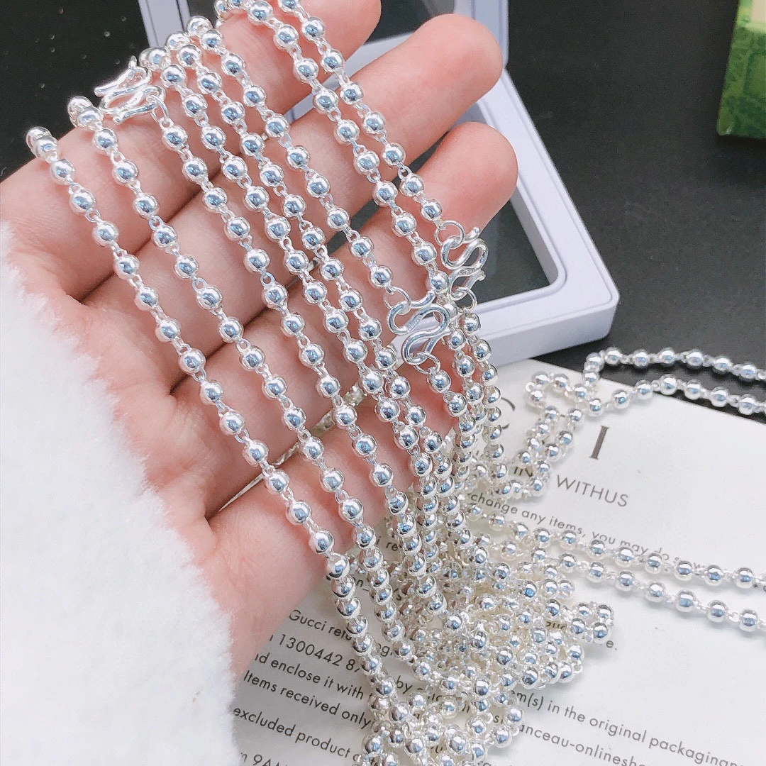 链子足银 纯银990圆珠佛珠项链足银圆珠项链佛珠毛衣链经典白搭款