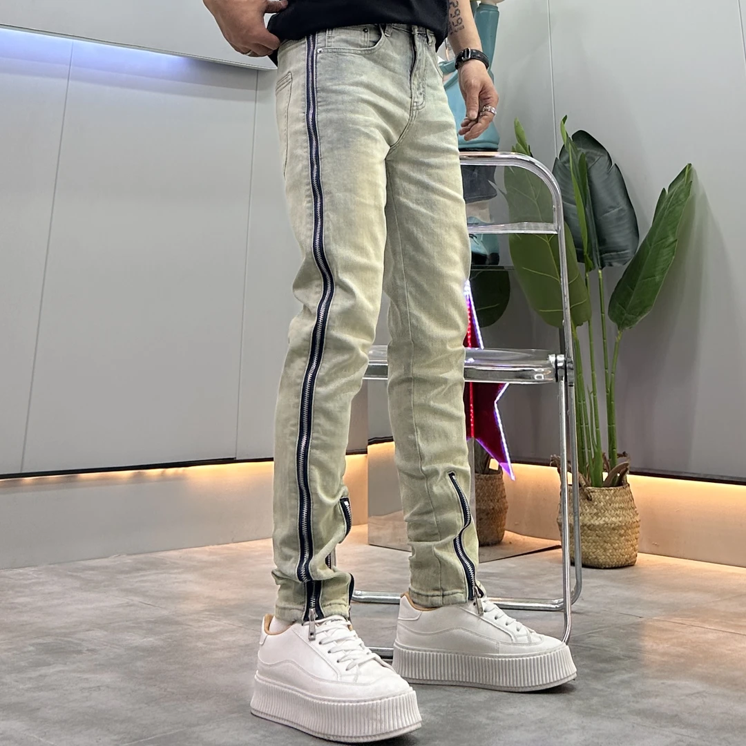 美式高街复古水洗弹力牛仔裤潮牌百搭修身一字拉链开叉长裤子