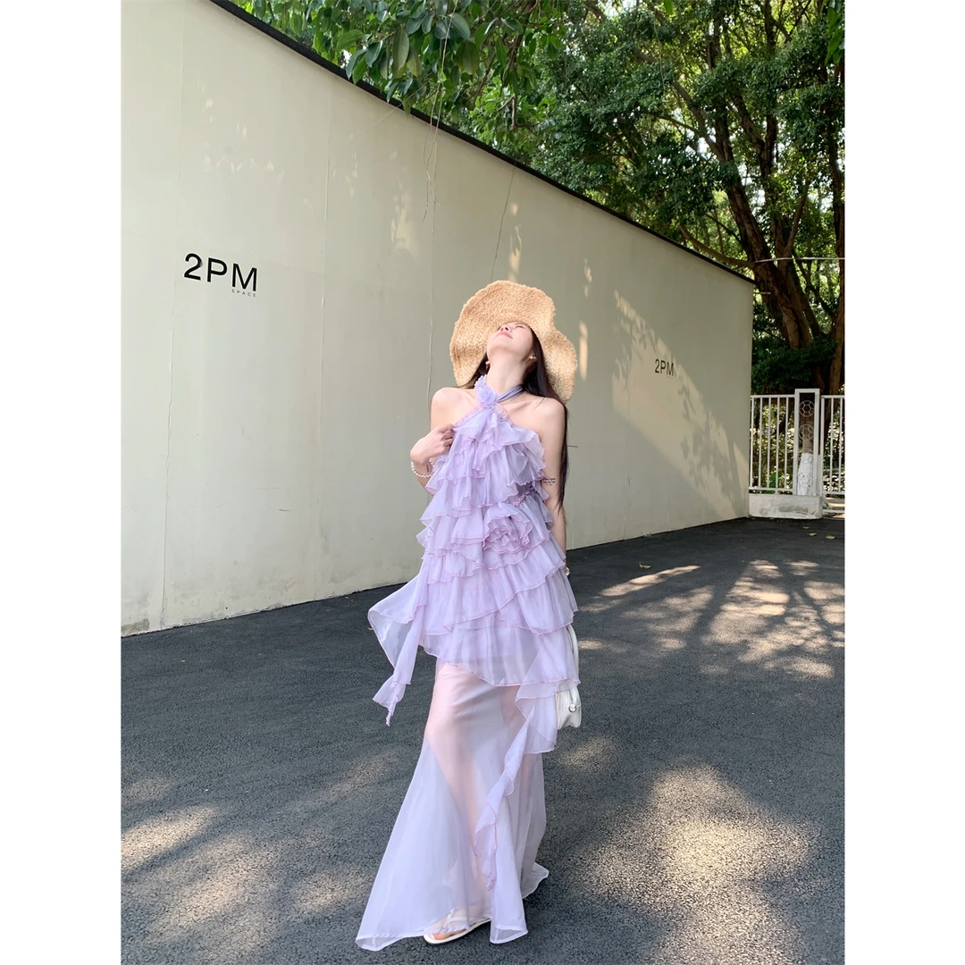 法式浪漫紫色叠穿两件套纯欲风甜辣妹挂脖不规则上衣+轻薄半身裙