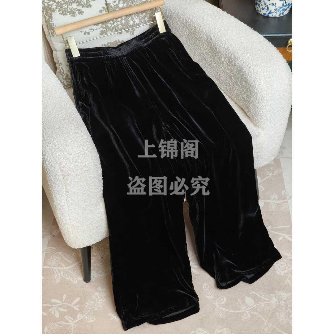 178新中式松紧腰丝绒直筒裤显瘦气质时尚黑色百搭休闲女裤子国风