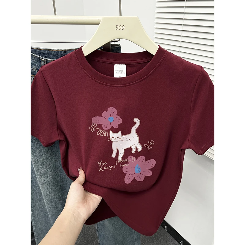 韩版正肩大码短袖T恤女夏季2025新款设计感印花胖MM穿搭上衣ins潮