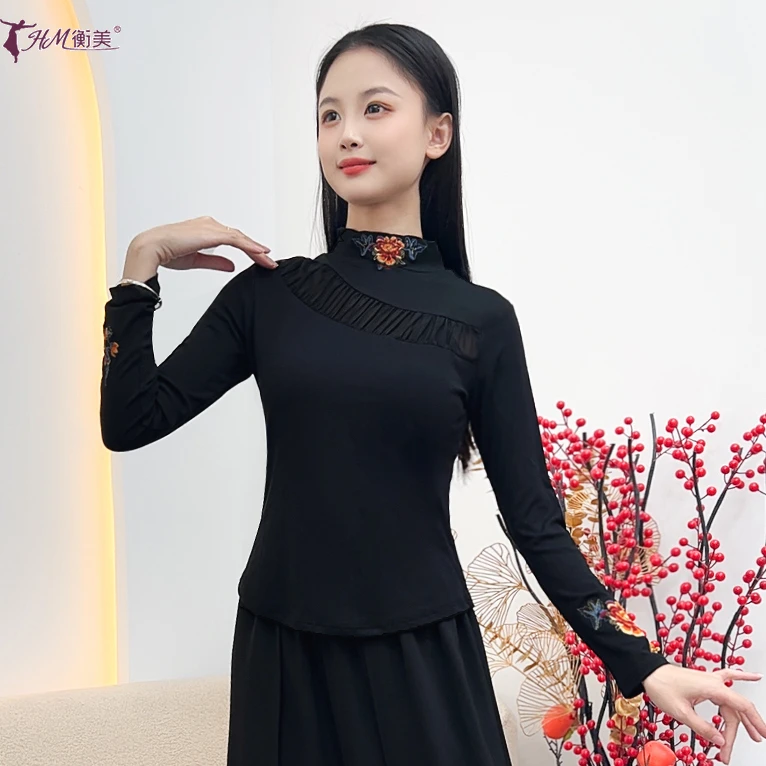 古典舞修身形体练功服女新款半高圆领刺绣拼接上衣民族舞蹈演出装