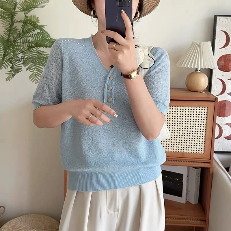 【烟雨兰浮雕肩订珠短袖】新款春夏针织衫e204