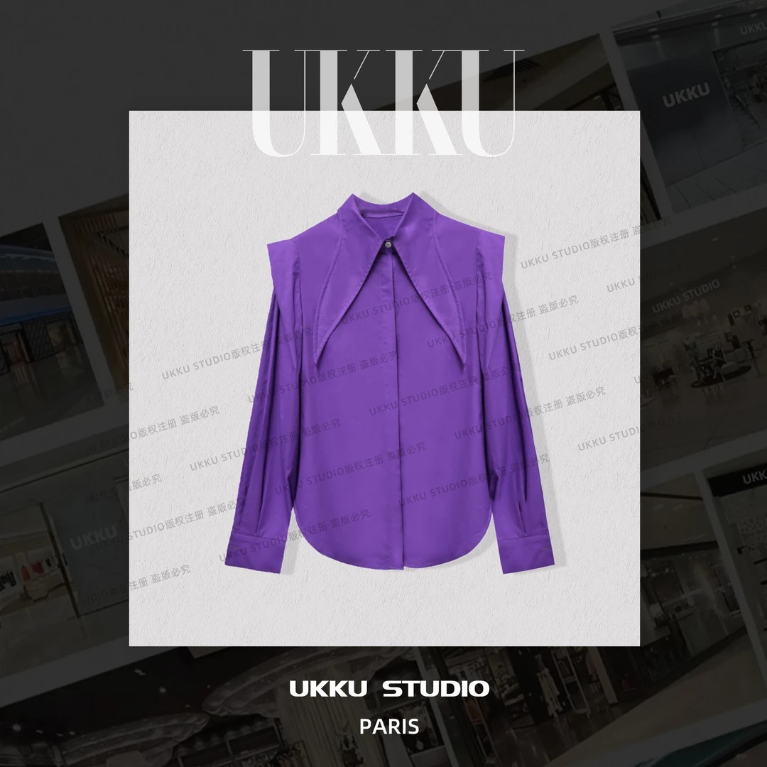 娟【UKKUSTUDIO】高级感紫色收腰尖领衬衫女设计感气质衬衫210445