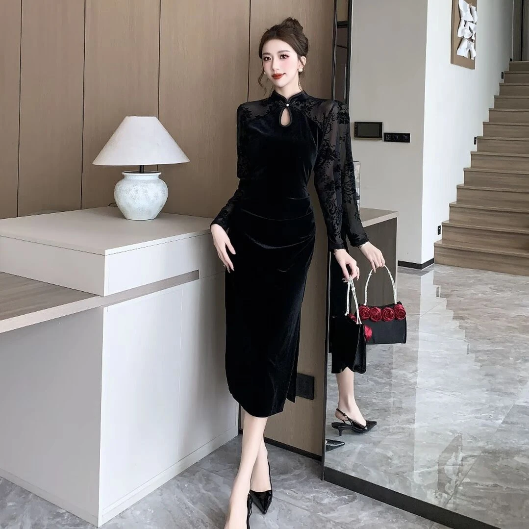 一字扣对开襟蝴蝶扣水滴领旗袍时尚蕾丝气质长袖收腰