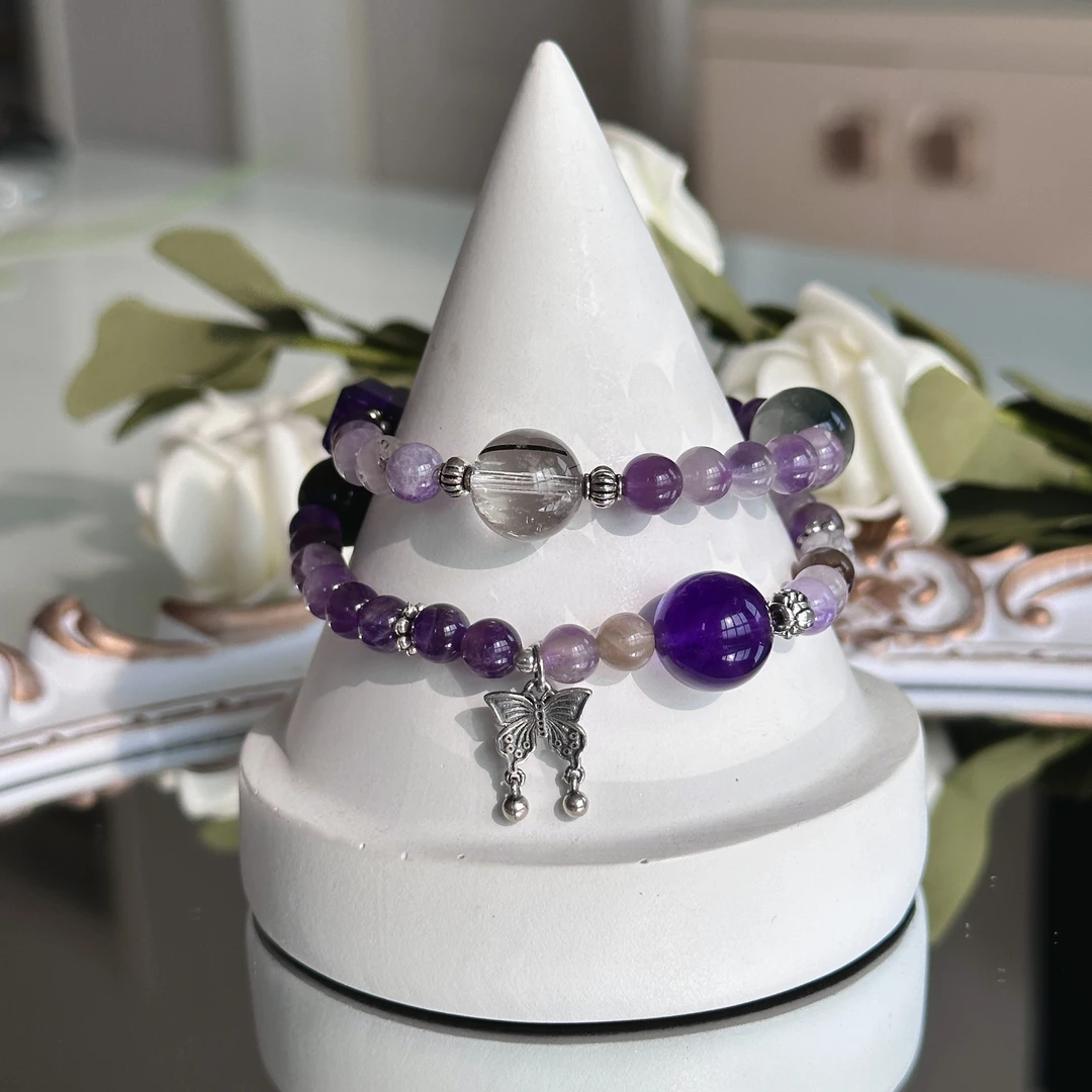 6mm紫水晶紫极光双圈 黑发晶灰兔毛乌拉圭紫水晶