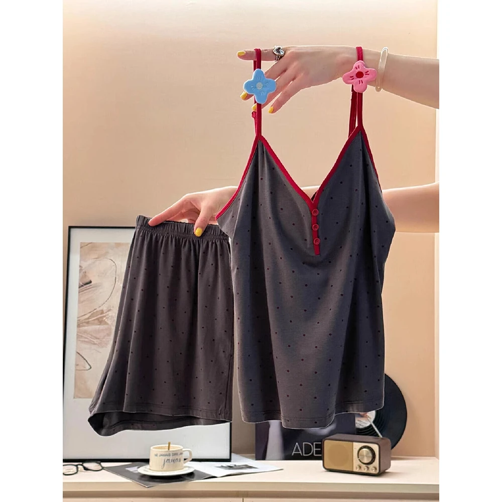 韩系简约风纯欲波点性感吊带睡衣女夏季新款舒适短裤套装家居服女