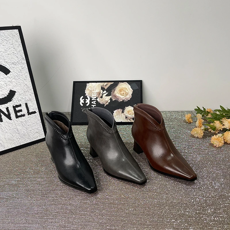 TROWSAGE/牛皮/5cm/小方头秋冬高级感粗跟真皮女靴百搭小短靴