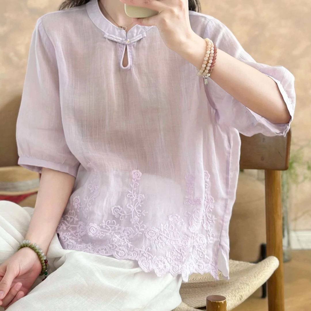 G2613【100%苎麻】2026中式旗袍领盘扣下摆光边双面刺绣女士上衣