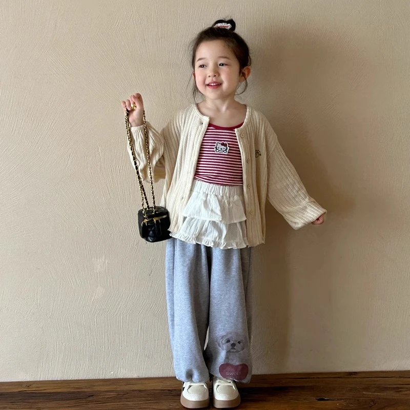 女童条纹吊带套装2025春装新款韩系儿童洋气时髦卡通小狗休闲裤